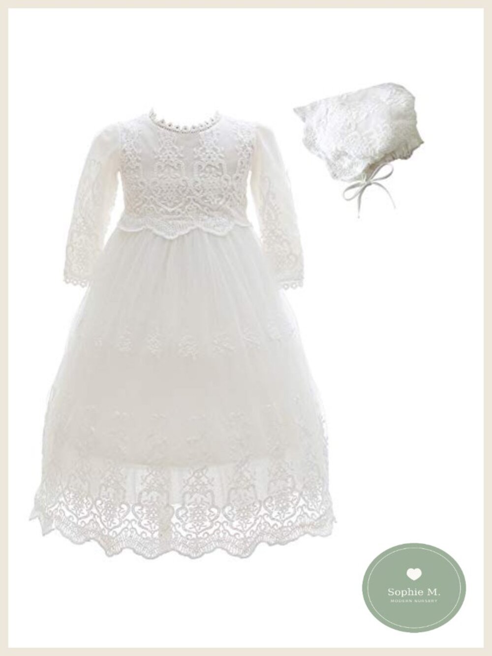 Baby Girls Long Sleeve Baptism Dress Floral Embroidery Christening Blessing Gown